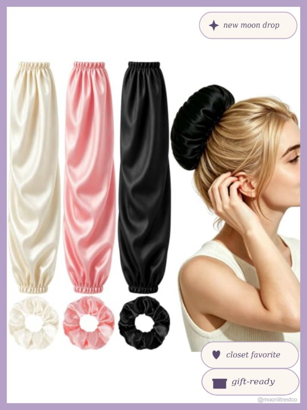 Satin Hair Bonnet Set Sleep Cap Scrunchies Bun Cover